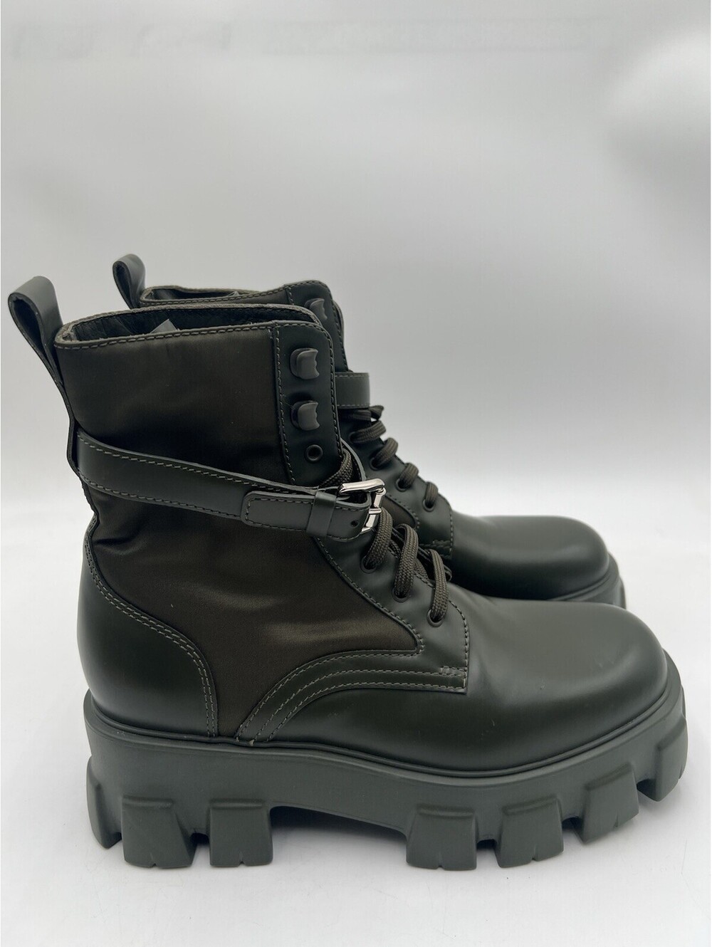 Prada Monolith Brushed Leather and Re-Nylon boots in olive green Size 38.5
